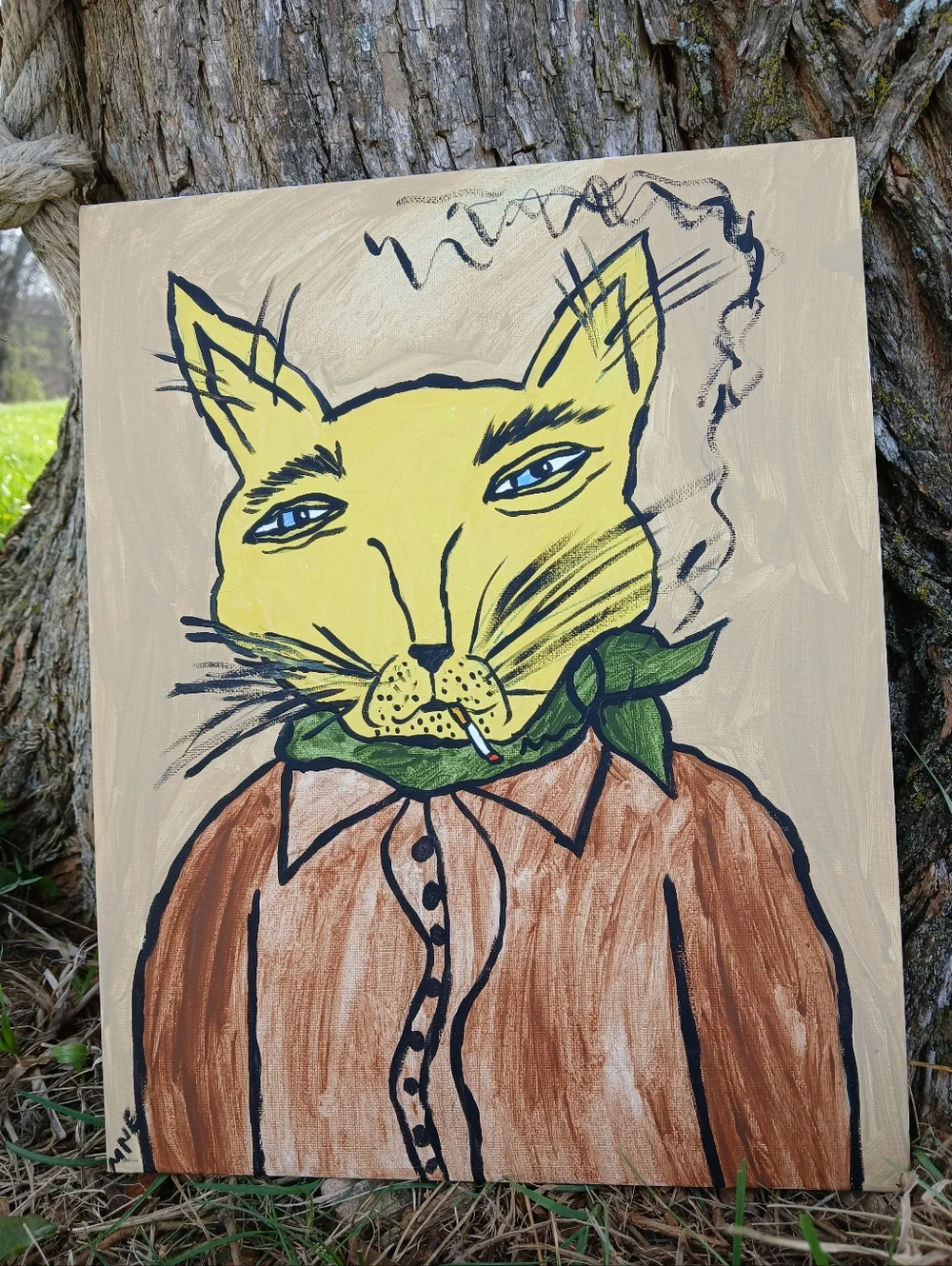 Smoking Cat Painting Folk Art - Picture 5 of 10